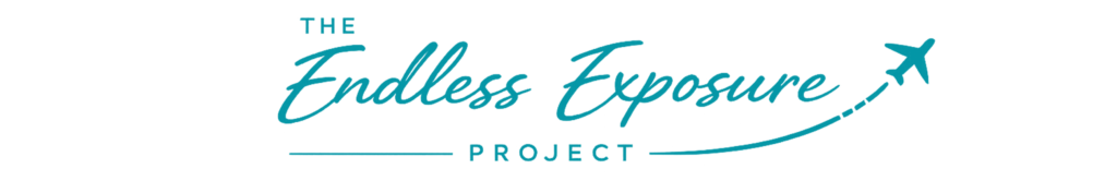 The Endless Exposure Project logo in teal, featuring stylized script lettering, a curved flight path, and a small airplane icon.